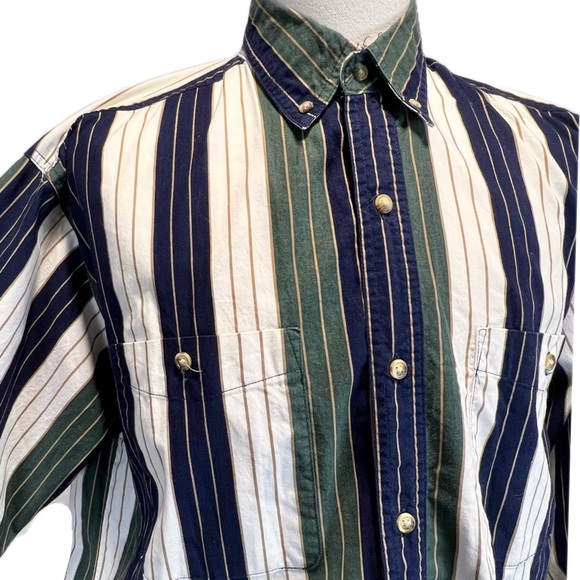 Basic Editions Other - VINTAGE 90s men’s stripe button down shirt 100% cotton blue green casual preppy